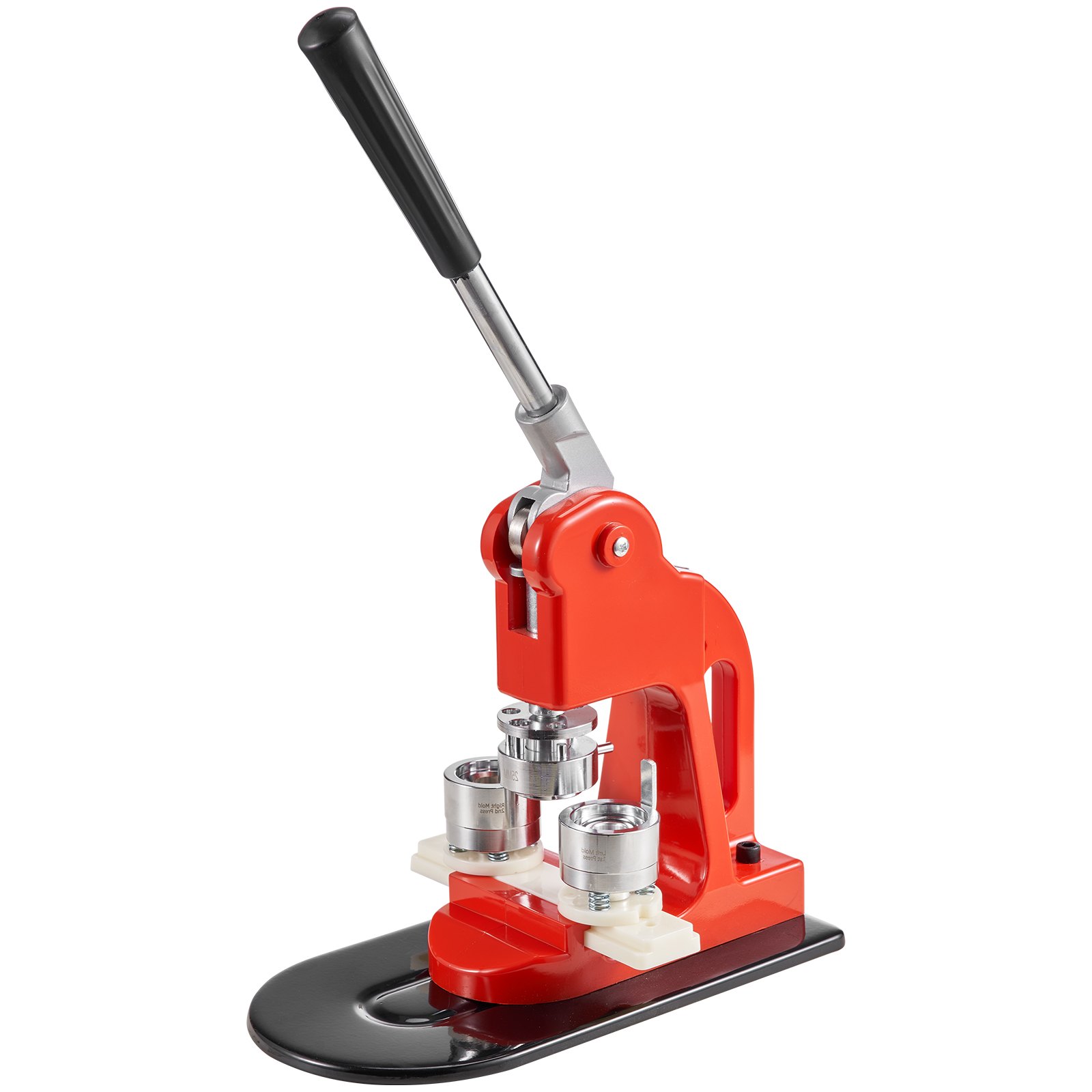 Máquina para hacer botones VEVOR de color rojo con mango negro sobre fondo blanco.