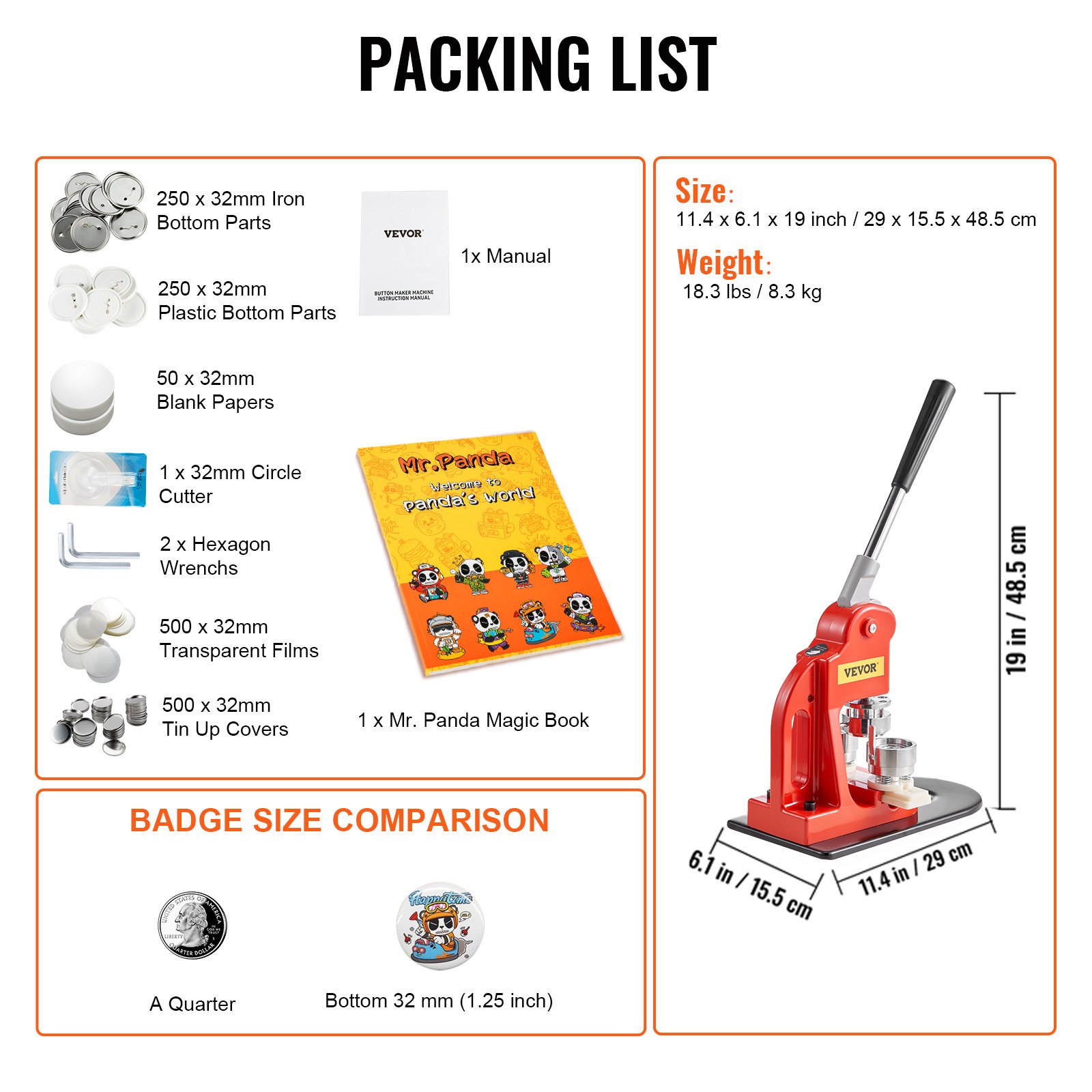 VEVOR Máquina para hacer botones, kit de prensa perforadora de insignias de 32 mm (1,25 pulgadas), regalos de bricolaje para niños, suministros para hacer botones con 500 piezas de botones, cortador de círculos y libro mágico