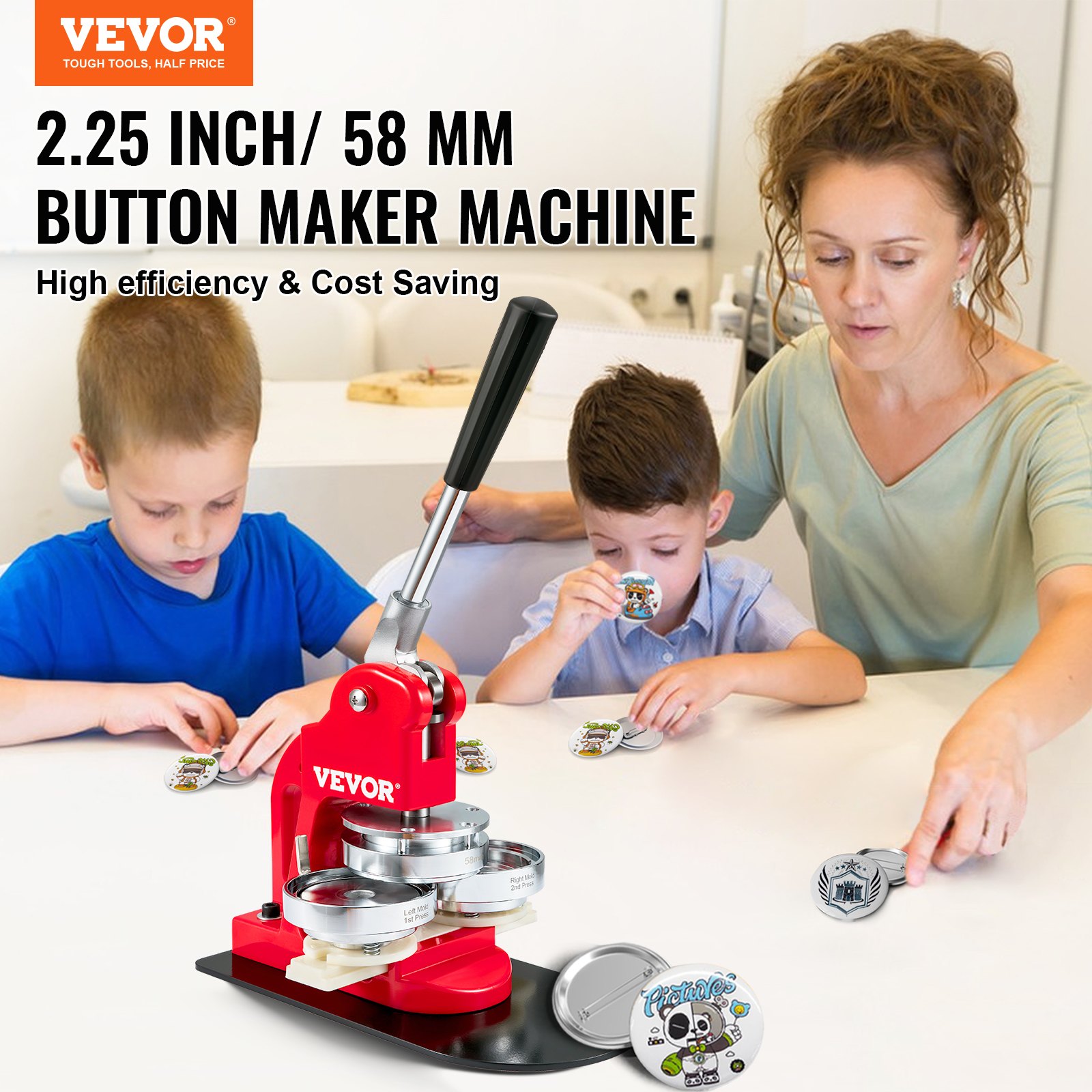 Máquina para fabricar botones VEVOR de 2,25 pulgadas/58 mm en uso con niños que crean botones personalizados en una mesa.