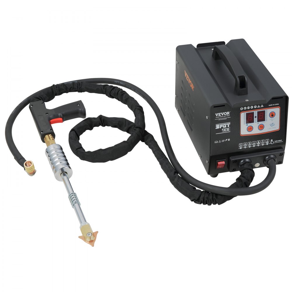 Extractor de puntos de panel VEVOR con caja de control, mango de gatillo y manguera enrollada.
