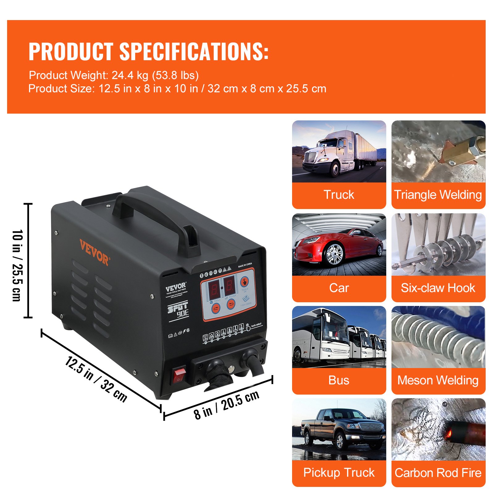 Extractor de puntos de panel VEVOR con dimensiones, peso y varias aplicaciones mostradas.
