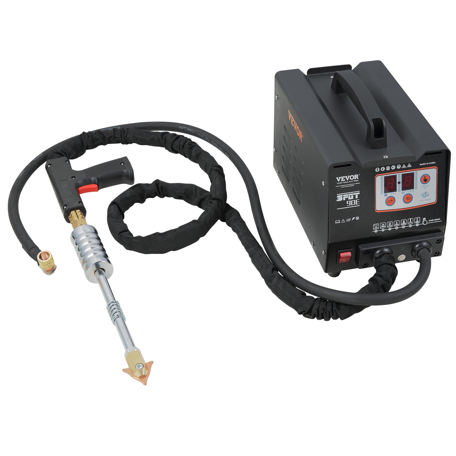 Extractor de puntos de panel VEVOR con caja de control, mango de gatillo y manguera enrollada.