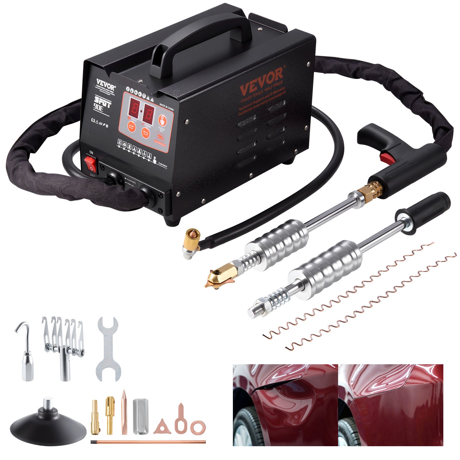 Kit de reparación de abolladuras con soldadora de pernos VEVOR, máquina de soldadura por puntos de 110 V con extractor de abolladuras de martillo deslizante, kit profesional para reparación de abolladuras de carrocería.