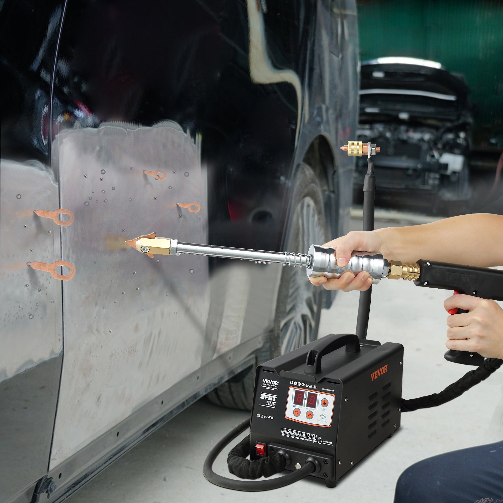 Kit de reparación de abolladuras con soldadora de pernos VEVOR, máquina de soldadura por puntos de 110 V con extractor de abolladuras de martillo deslizante, kit profesional para reparación de abolladuras de carrocería.