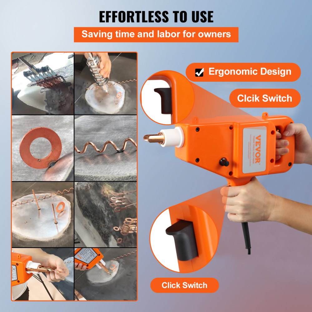 Soldador de pernos VEVOR con diseño ergonómico e interruptor de clic para un uso sin esfuerzo.