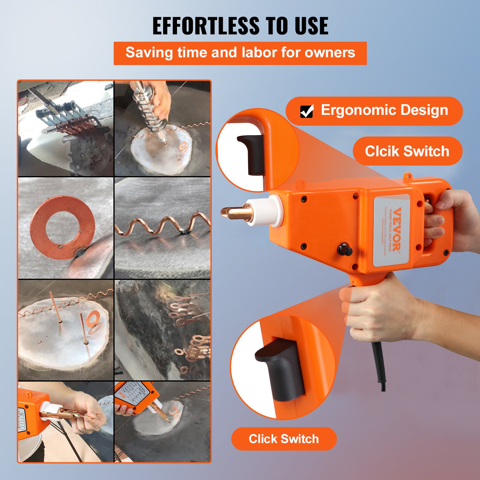 Soldador de pernos VEVOR con diseño ergonómico e interruptor de clic para un uso sin esfuerzo.