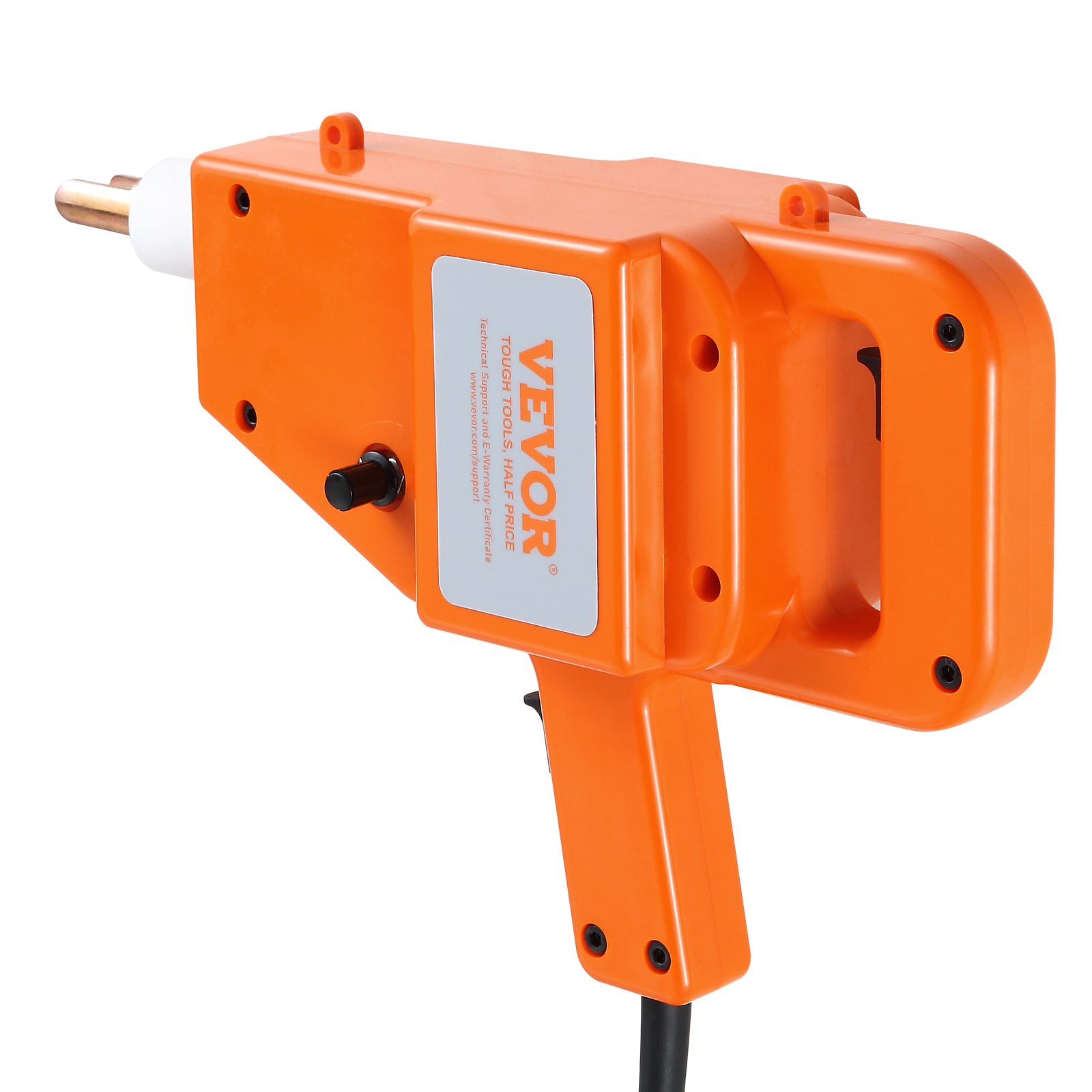 Soldador de pernos VEVOR de color naranja brillante con mango ergonómico y punta de metal.