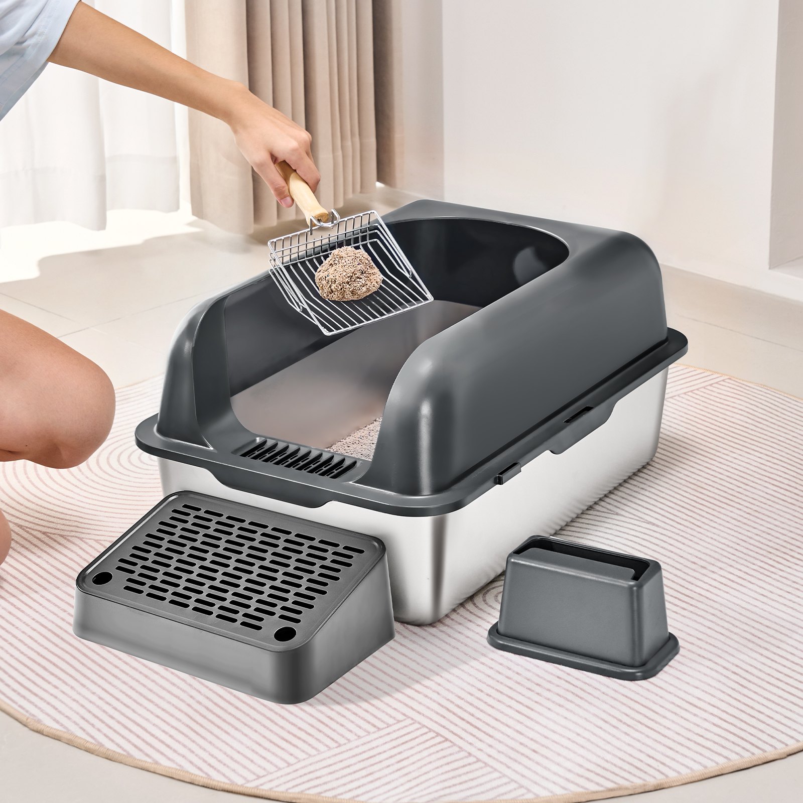 VEVOR - Caja de arena para gatos de acero inoxidable extragrande de 15 cm de profundidad con pala, plataforma filtrante ancha y laterales altos, cerrada, sin olores y fácil de limpiar, apta para gatos grandes.