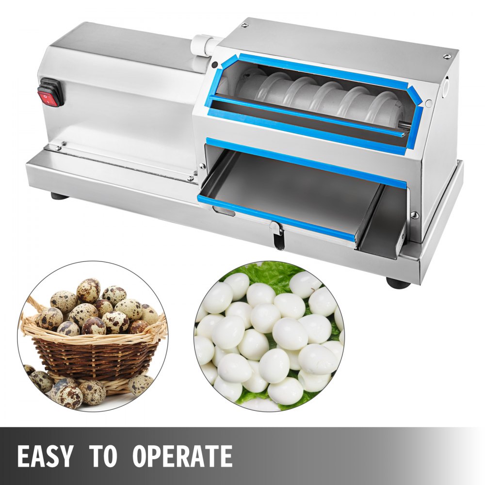 Máquina peladora de huevos de codorniz VEVOR con huevos de codorniz y huevos pelados, fácil de operar.