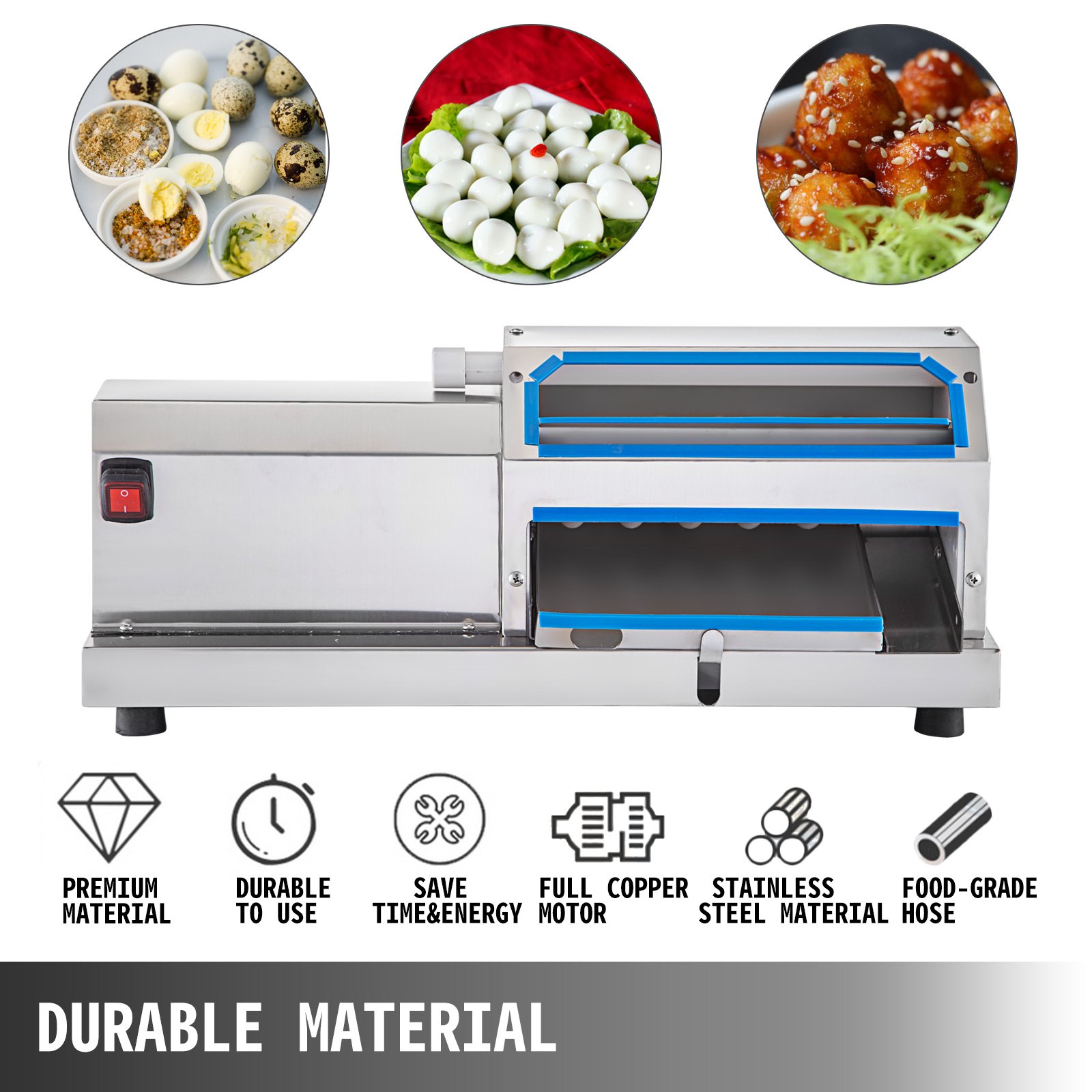 Máquina peladora de huevos de codorniz VEVOR con diseño de motor de acero inoxidable y cobre.