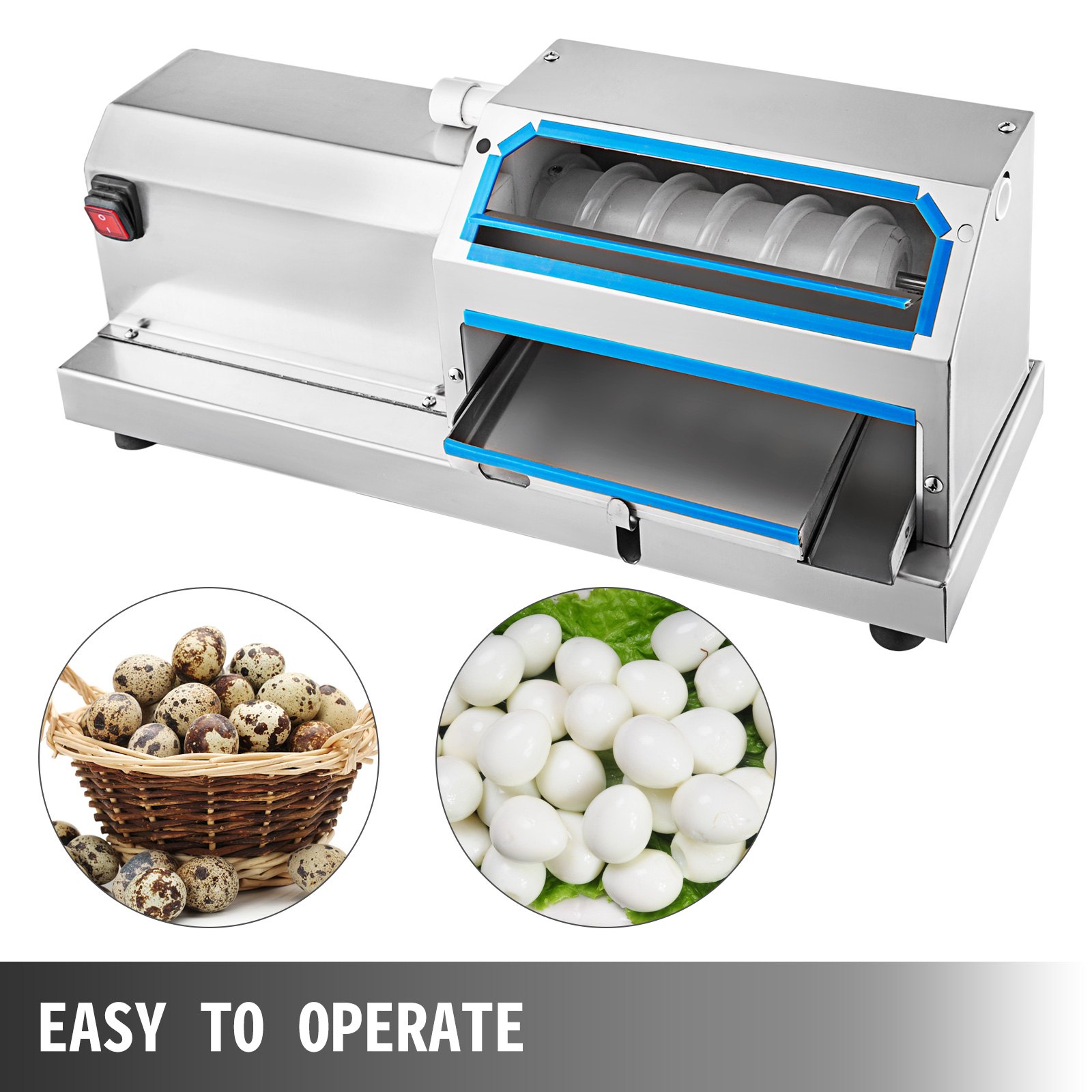 Máquina peladora de huevos de codorniz VEVOR con huevos de codorniz y huevos pelados, fácil de operar.