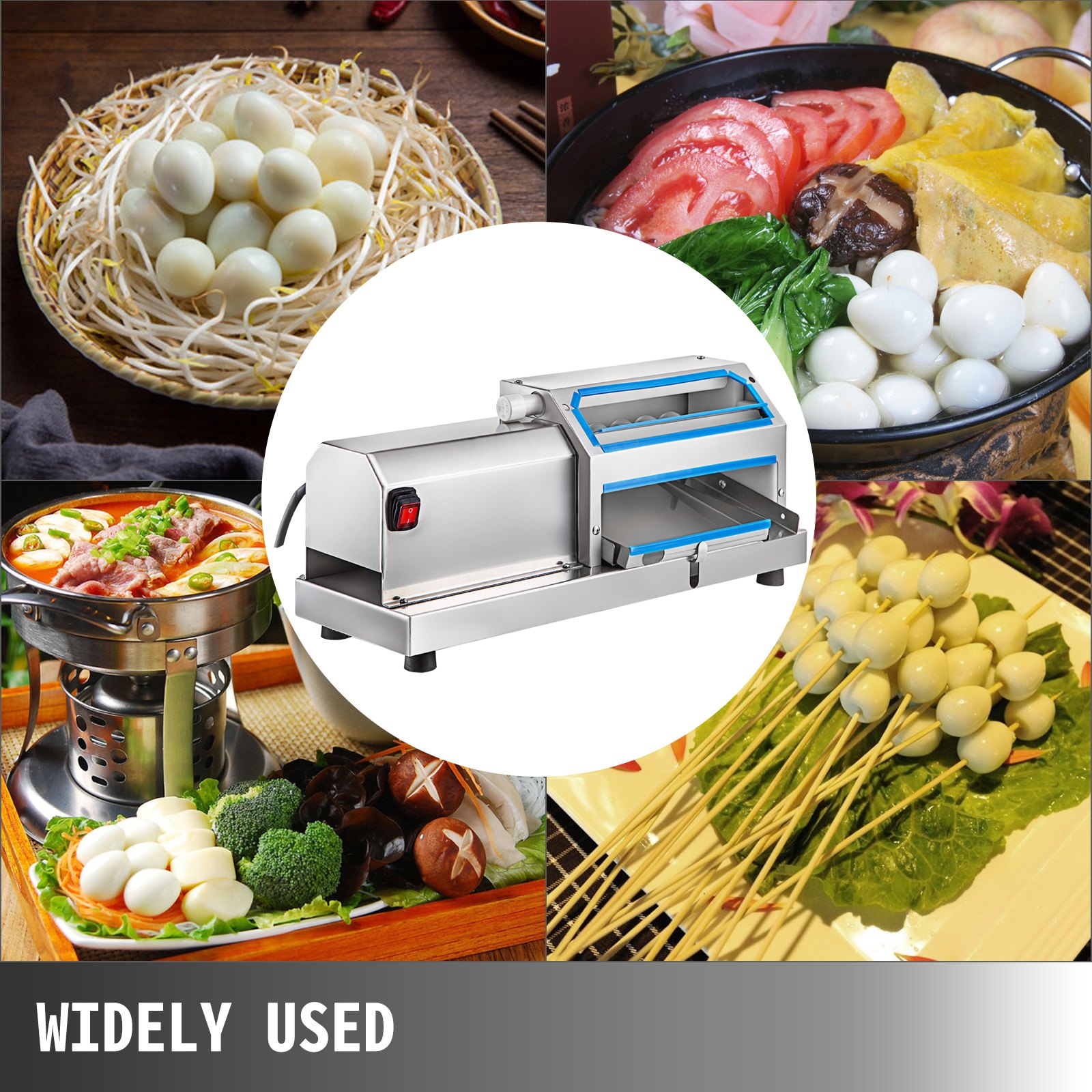 Máquina peladora de huevos de codorniz VEVOR con varios platos con huevos de codorniz. ampliamente utilizado.