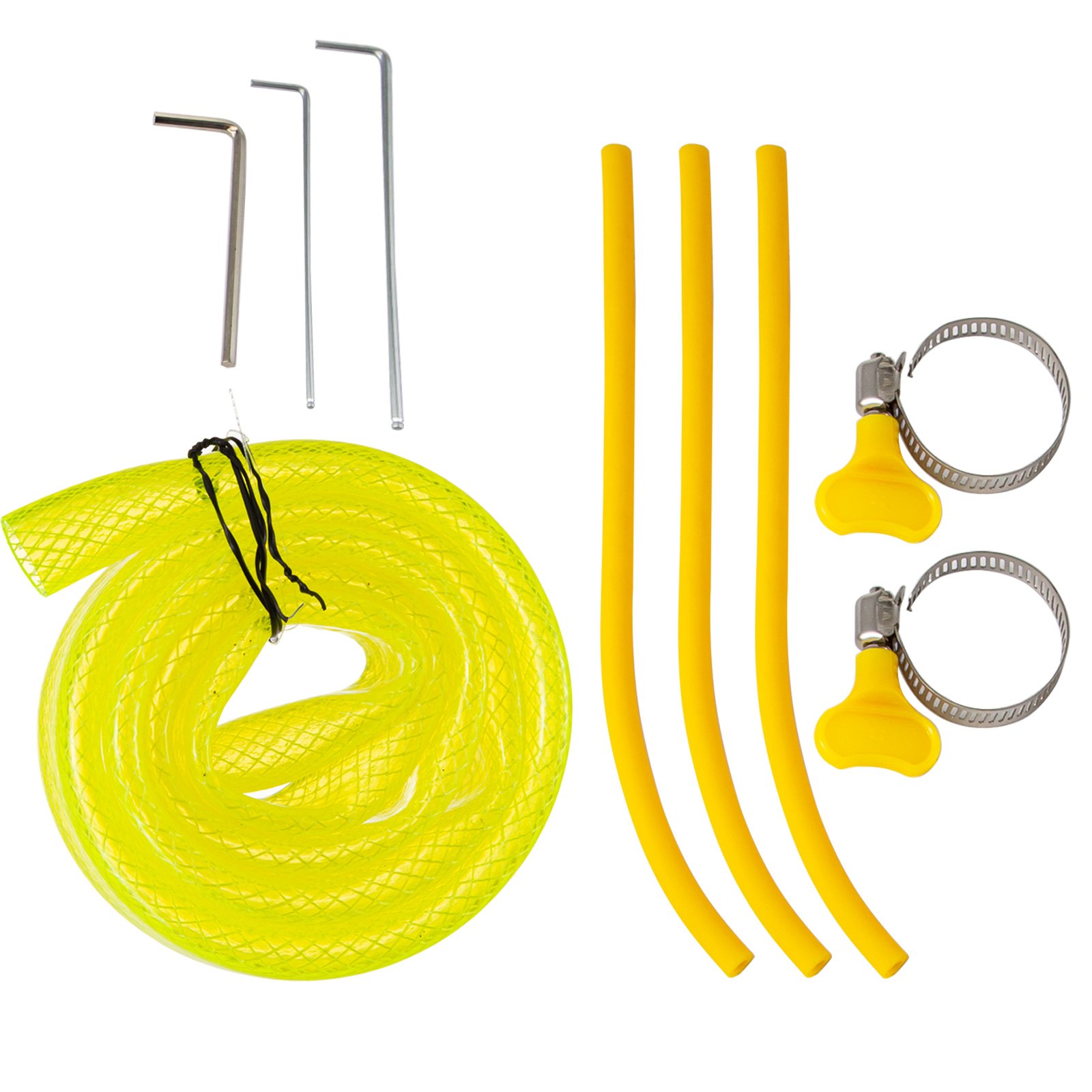 Accesorios para máquina peladora de huevos de codorniz VEVOR que incluyen mangueras y abrazaderas amarillas.