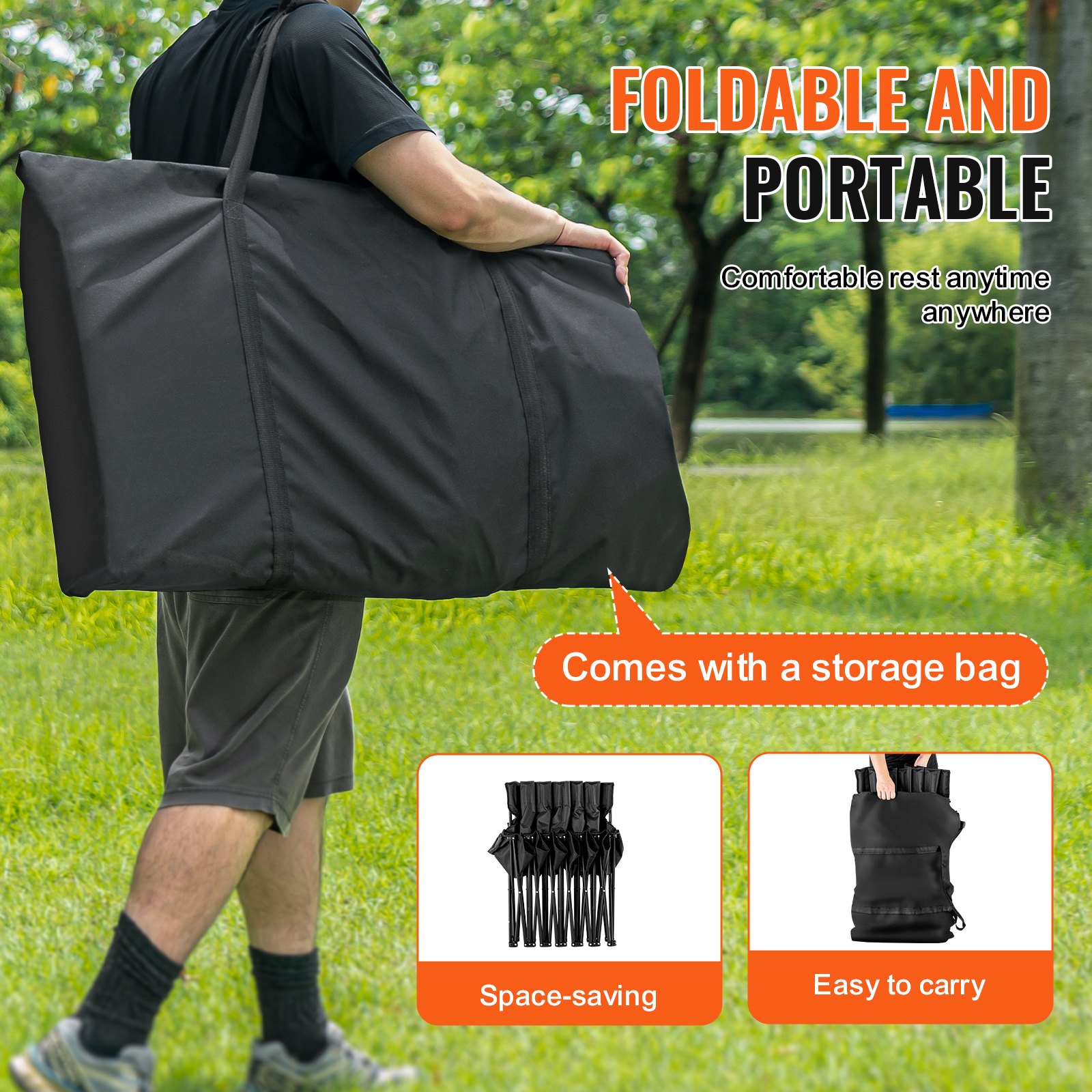 Banco plegable portátil VEVOR, banco de fútbol plegable de 6 plazas con bolsillos laterales y bolsa de transporte, asiento ligero con respaldo para fútbol, béisbol, camping y eventos al aire libre, color negro