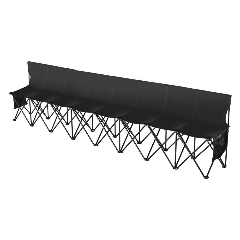 Banco deportivo plegable VEVOR con tela negra y ocho asientos, cuenta con una estructura de metal plegable.