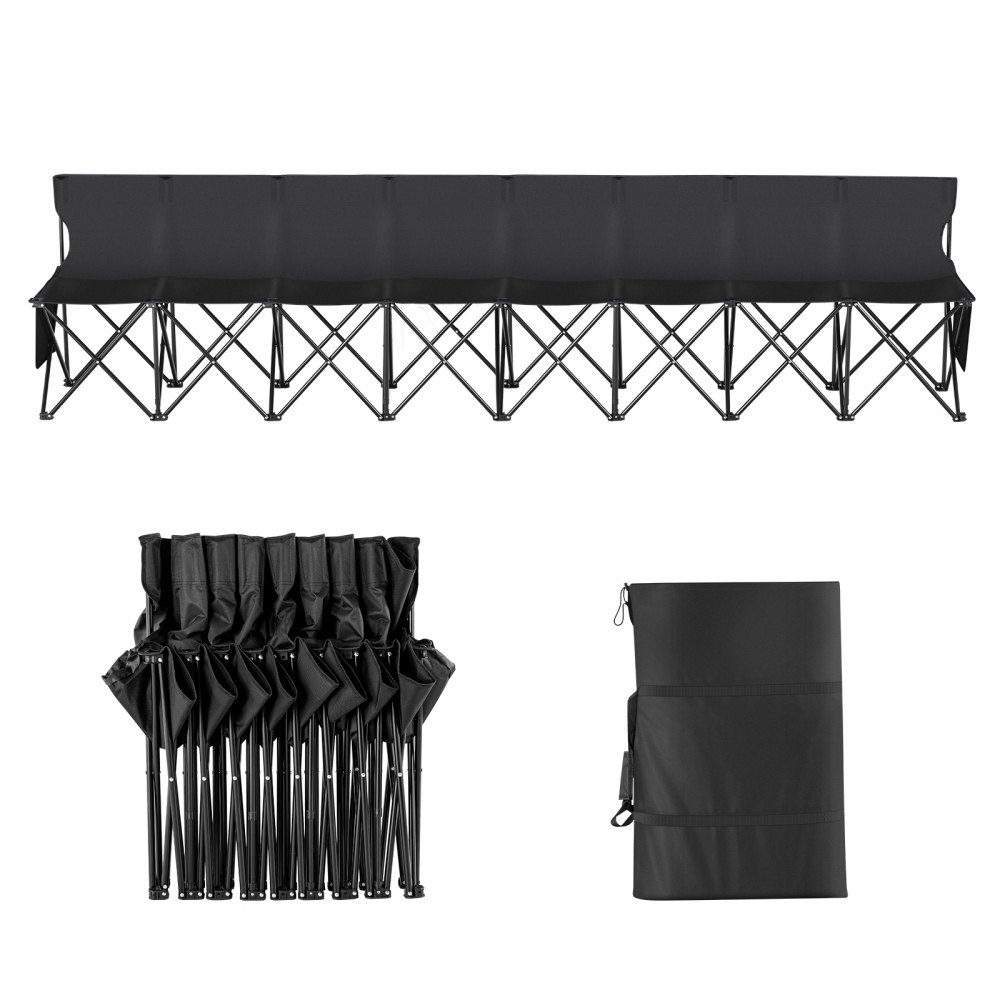 Banco deportivo plegable VEVOR con vista extendida, colapsada y bolsa de transporte, perfecto para eventos al aire libre.