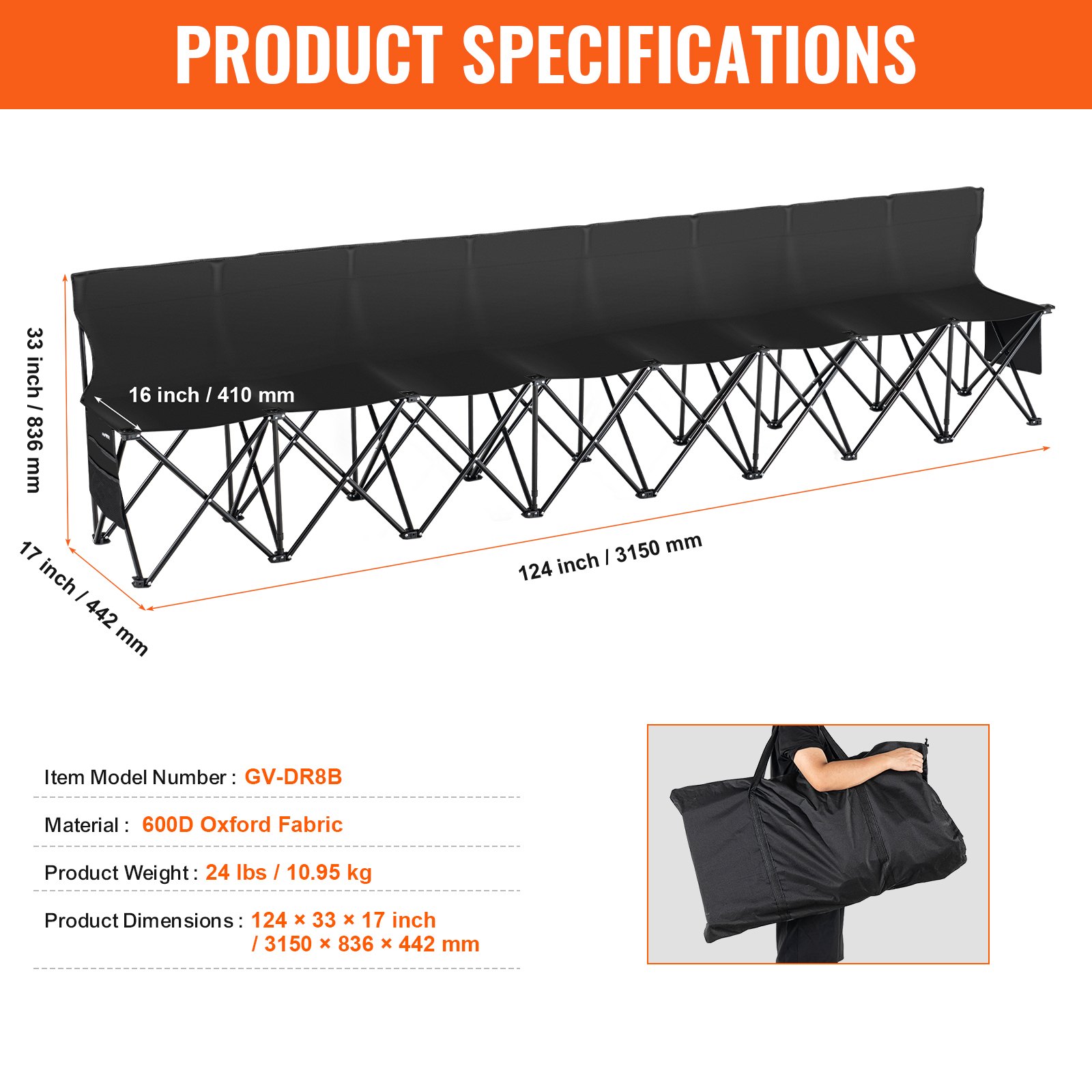 Banco deportivo plegable VEVOR, dimensiones 124&quot; x 33&quot; x 17&quot;, tela oxford 600d, 24 libras, fácil de transportar.