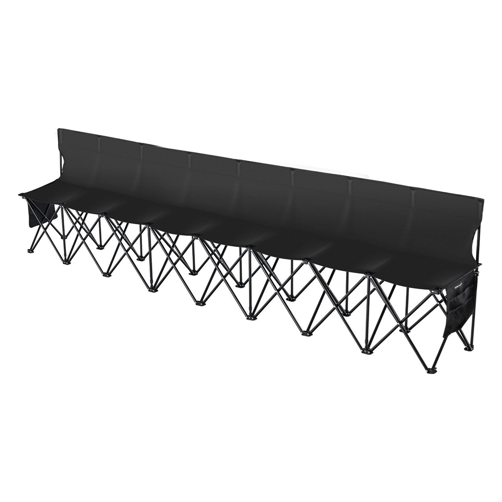 Banco deportivo plegable VEVOR con tela negra y ocho asientos, cuenta con una estructura de metal plegable.