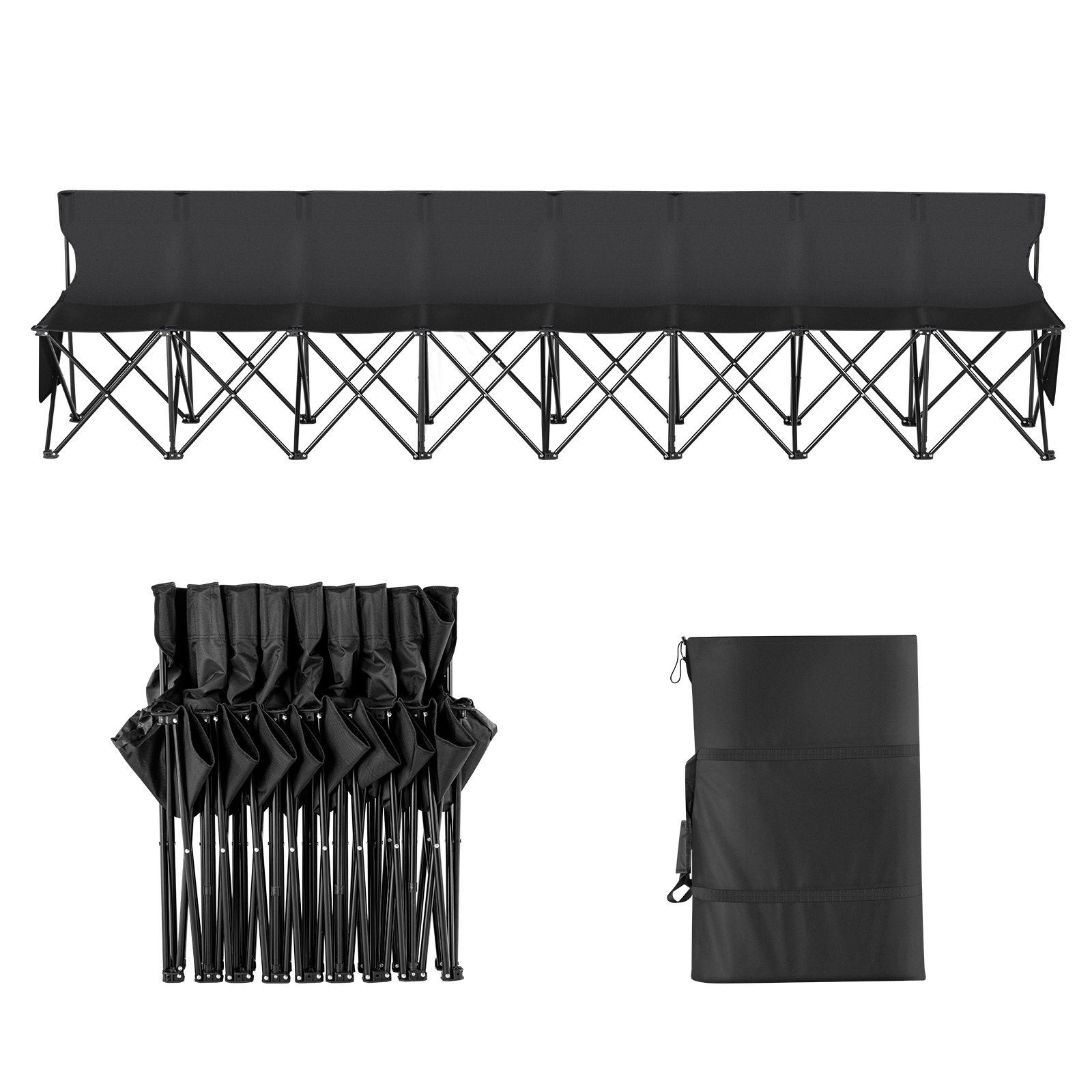 Banco deportivo plegable VEVOR con vista extendida, colapsada y bolsa de transporte, perfecto para eventos al aire libre.