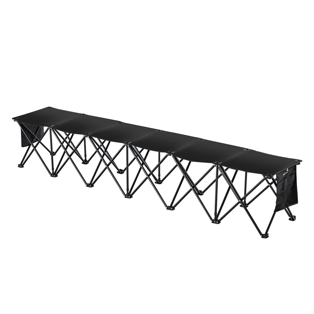 Banco deportivo plegable portátil VEVOR con seis asientos negros y estructura de acero de soporte, ideal para eventos al aire libre.