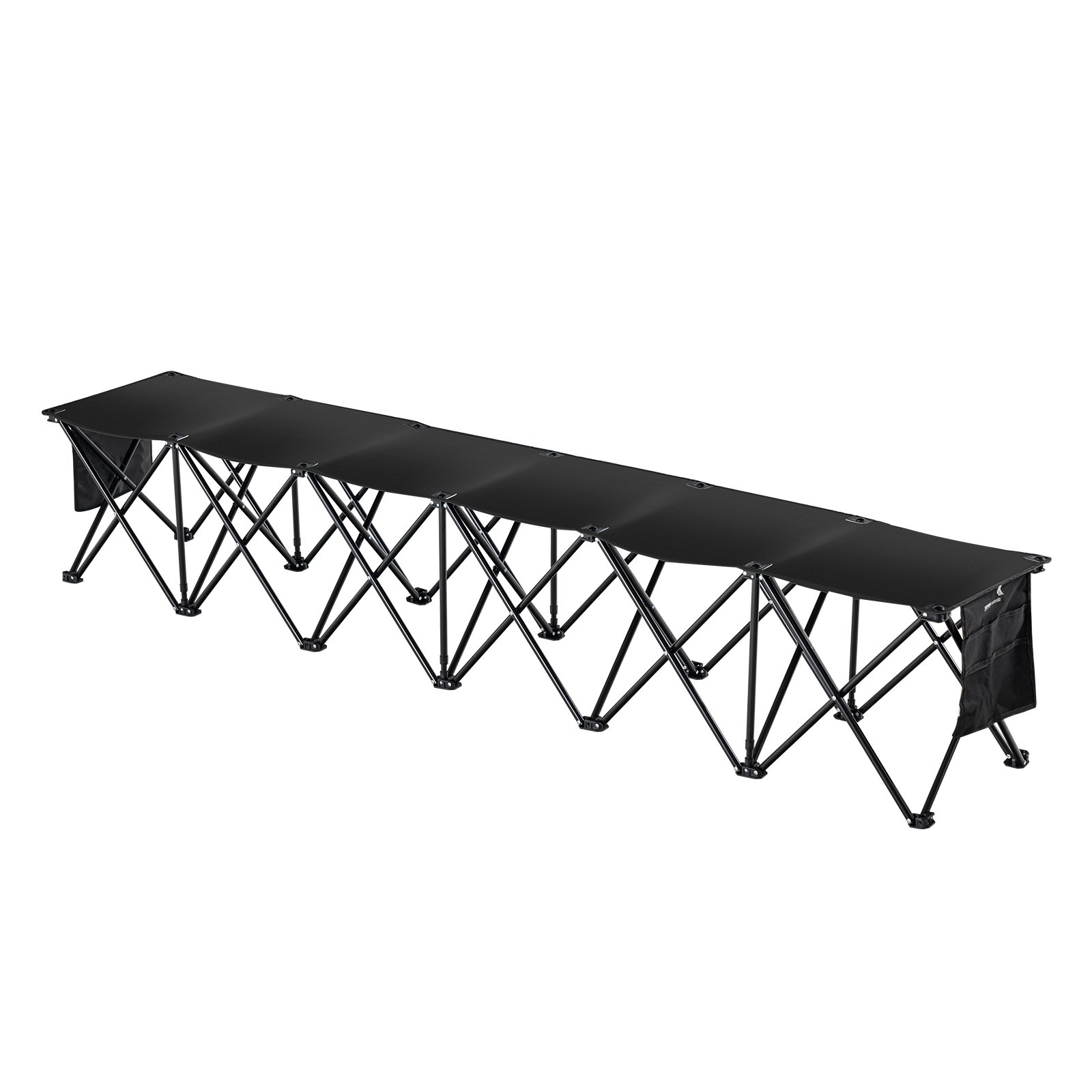 Banco deportivo plegable portátil VEVOR con seis asientos negros y estructura de acero de soporte, ideal para eventos al aire libre.