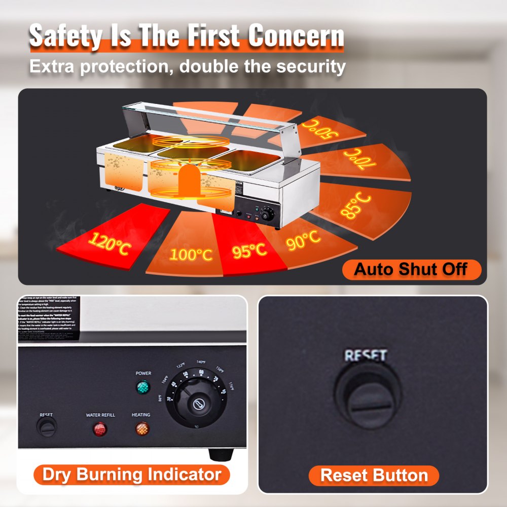 VEVOR Calentador de alimentos comercial de 3 sartenes, mesa de vapor eléctrica de 3 x 12 cuartos con cubierta de vidrio templado, encimera de 1500 W de acero inoxidable Buffet Bain Marie 86-185 °F control de temperatura para catering, restaurantes, plateado