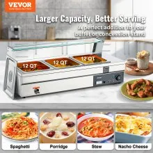 VEVOR Calentador de alimentos comercial de 3 sartenes, mesa de vapor eléctrica de 3 x 12QT con cubierta de vidrio templado, encimera de acero inoxidable de 1500 W Buffet Bain Marie 86-185 °F Control de temperatura para catering, restaurantes, plateado