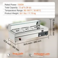 VEVOR Calentador de alimentos comercial de 3 sartenes, mesa de vapor eléctrica de 3 x 12QT con cubierta de vidrio templado, encimera de acero inoxidable de 1500 W Buffet Bain Marie 86-185 °F Control de temperatura para catering, restaurantes, plateado