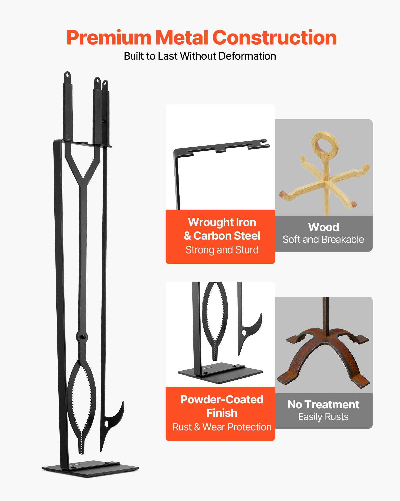 VEVOR Fireplace Tool Set, 3 PCS Fire Tool Set and Holder with Stand, Tongs, Fire Place Poker, Wrought Iron Fireplace Accessories for Campfire Backyard Bonfire Indoor/Outdoor, Black