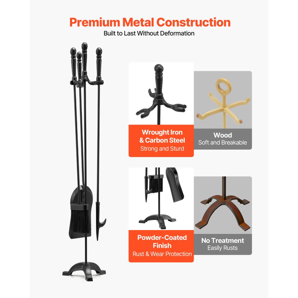 VEVOR Juego de Herramientas para Chimenea 4 en 1, con Soporte de 3 Puntas, Pala para Cenizas, Cepillo, Atizador y Accesorios de Hierro Forjado para Interior Exterior, Negro, 750 x 175 x 195 mm,