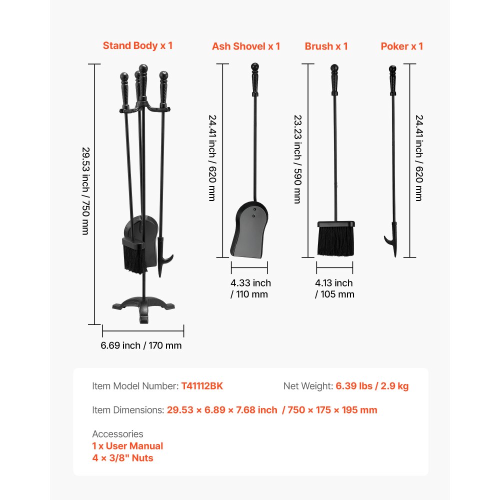 VEVOR Juego de Herramientas para Chimenea 4 en 1, con Soporte de 3 Puntas, Pala para Cenizas, Cepillo, Atizador y Accesorios de Hierro Forjado para Interior Exterior, Negro, 750 x 175 x 195 mm,
