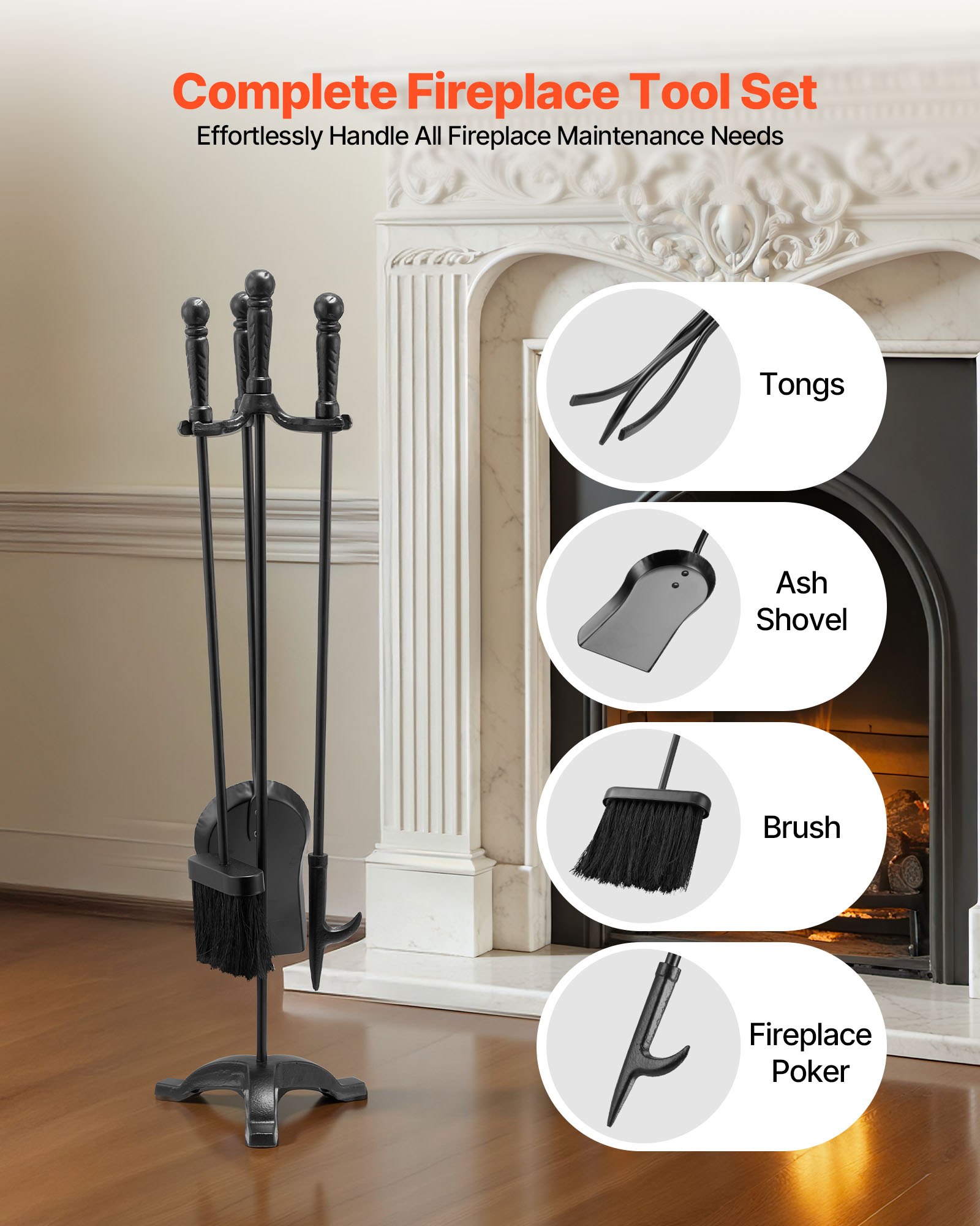 VEVOR Juego de Herramientas para Chimenea 4 en 1, con Soporte de 3 Puntas, Pala para Cenizas, Cepillo, Atizador y Accesorios de Hierro Forjado para Interior Exterior, Negro, 750 x 175 x 195 mm,