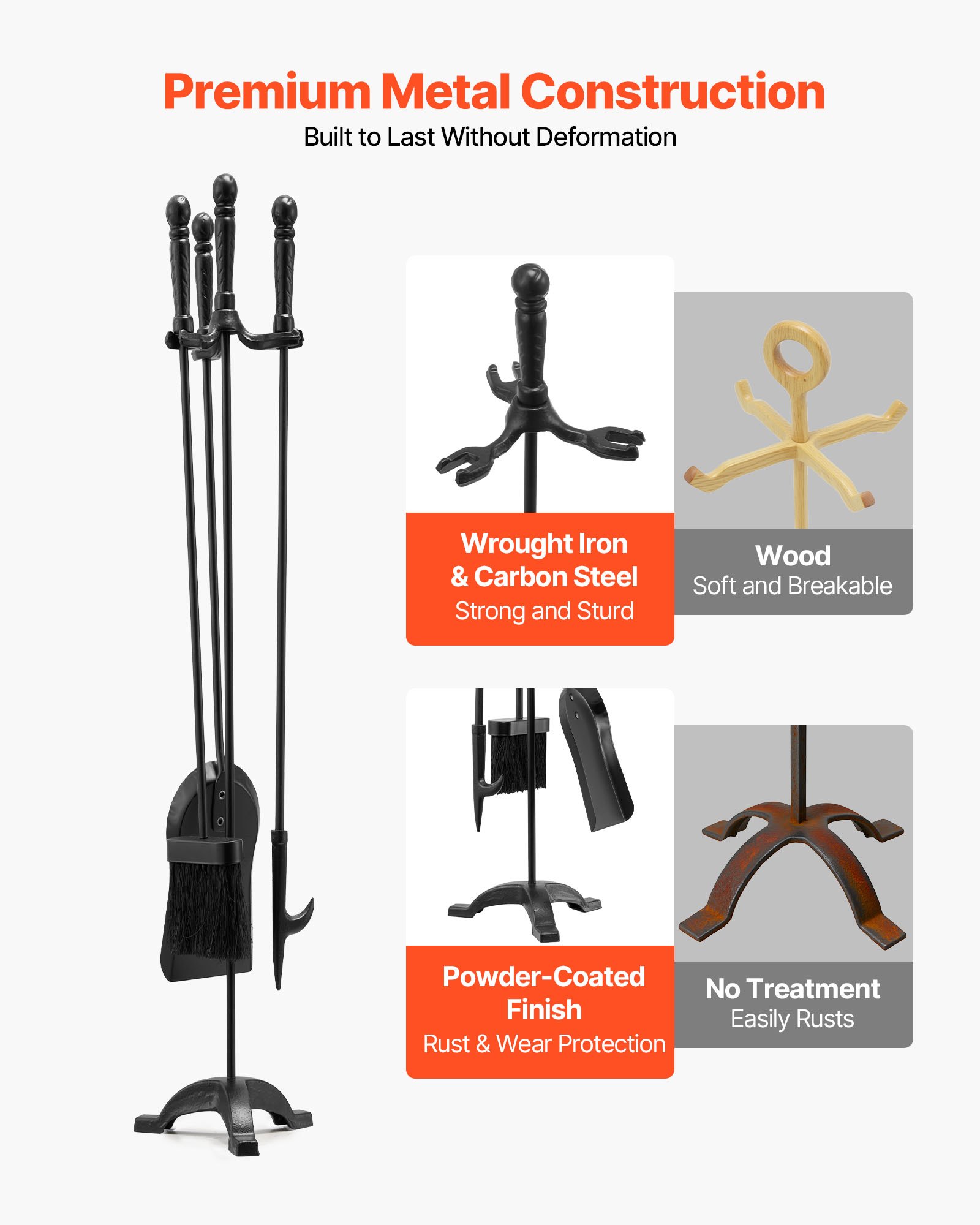 VEVOR Juego de Herramientas para Chimenea 4 en 1, con Soporte de 3 Puntas, Pala para Cenizas, Cepillo, Atizador y Accesorios de Hierro Forjado para Interior Exterior, Negro, 750 x 175 x 195 mm,