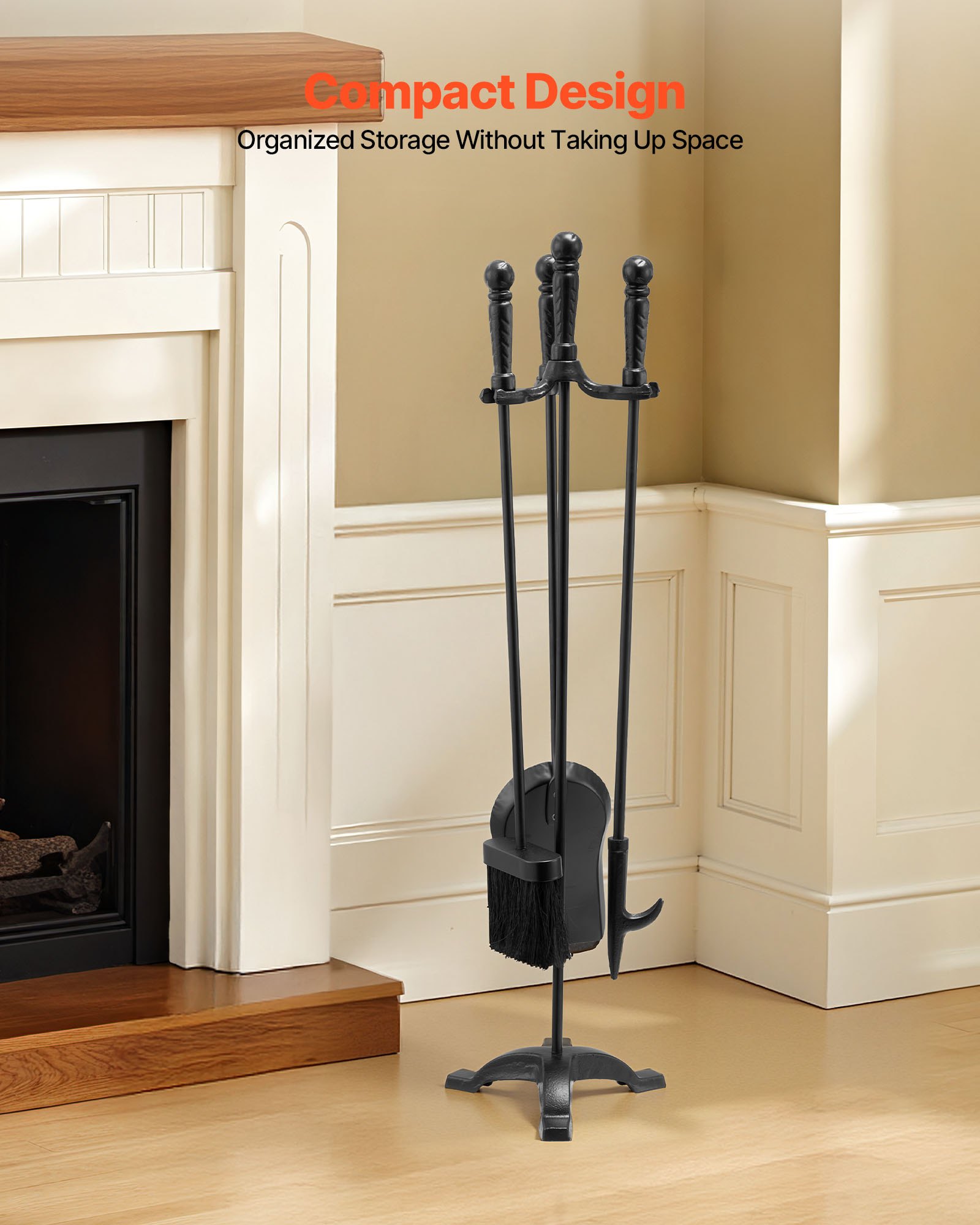 VEVOR Juego de Herramientas para Chimenea 4 en 1, con Soporte de 3 Puntas, Pala para Cenizas, Cepillo, Atizador y Accesorios de Hierro Forjado para Interior Exterior, Negro, 750 x 175 x 195 mm,