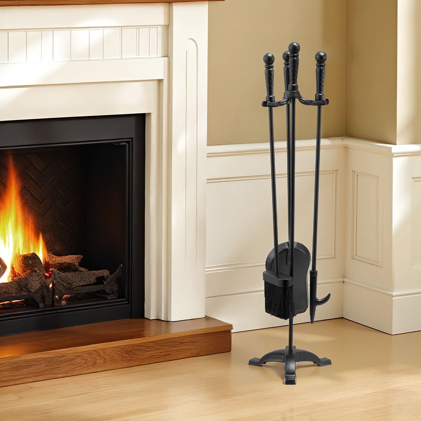 VEVOR Juego de Herramientas para Chimenea 4 en 1, con Soporte de 3 Puntas, Pala para Cenizas, Cepillo, Atizador y Accesorios de Hierro Forjado para Interior Exterior, Negro, 750 x 175 x 195 mm,