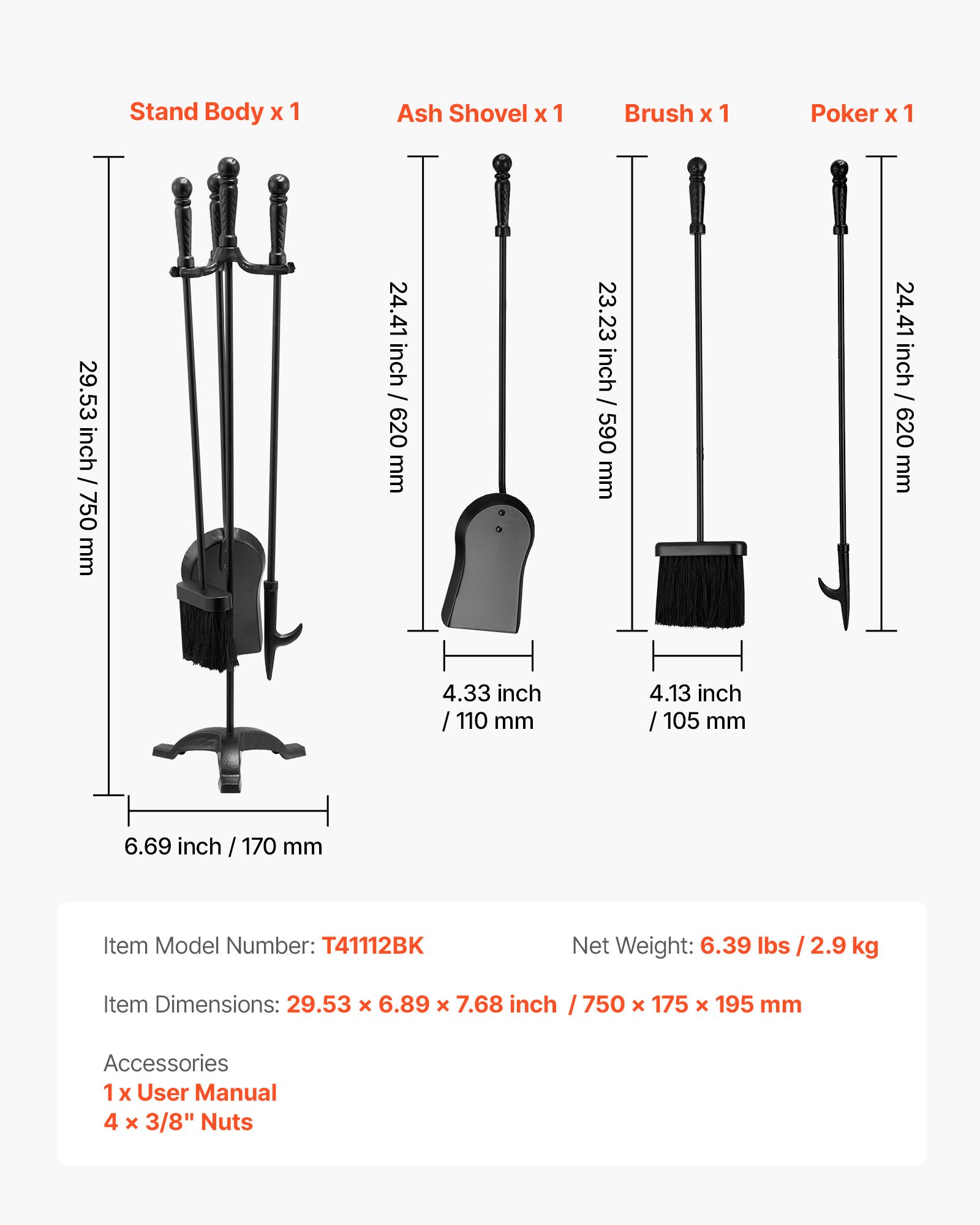 VEVOR Juego de Herramientas para Chimenea 4 en 1, con Soporte de 3 Puntas, Pala para Cenizas, Cepillo, Atizador y Accesorios de Hierro Forjado para Interior Exterior, Negro, 750 x 175 x 195 mm,