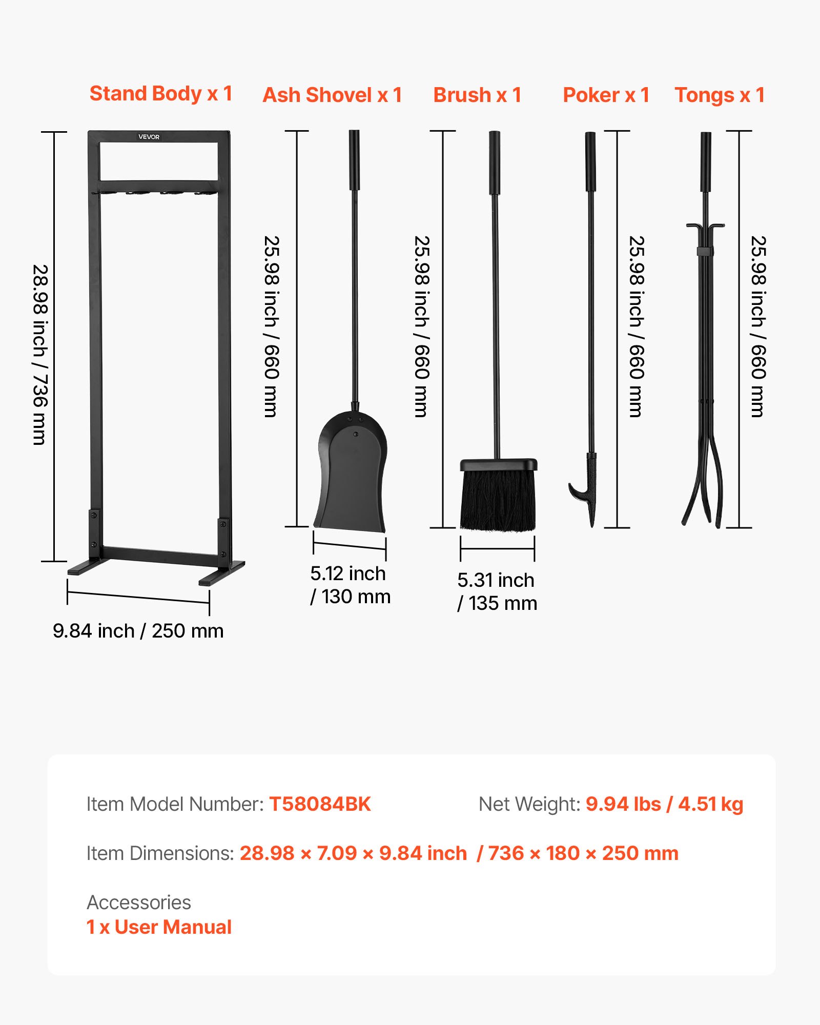 Juego de herramientas para chimenea VEVOR, 5 piezas, con soporte cuadrado, tenazas, pala para cenizas, cepillo, atizador. Accesorios de hierro forjado y acero para chimenea, aptos para interiores y exteriores. Color negro.
