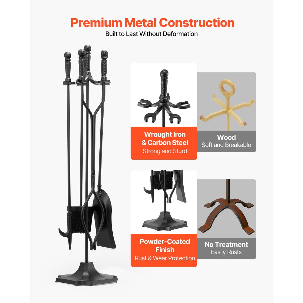 VEVOR Fireplace Tool Set, 5 PCS Fire Tool Set and Holder with Five-Prong Stand, Tongs, Ash Shovel, Brush, Fire Place Poker, Wrought Iron Fireplace Accessories for Campfire Indoor/Outdoor, Black