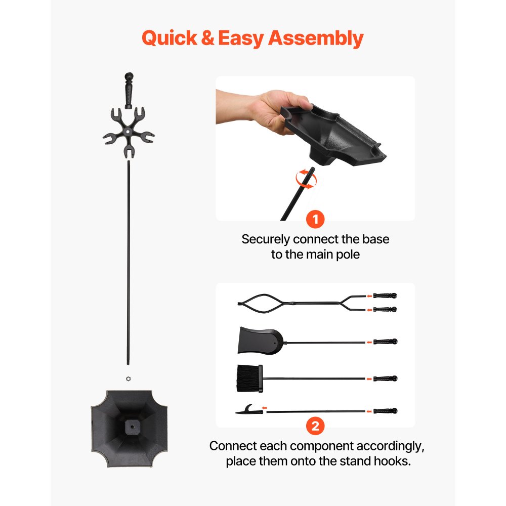 VEVOR Fireplace Tool Set, 5 PCS Fire Tool Set and Holder with Five-Prong Stand, Tongs, Ash Shovel, Brush, Fire Place Poker, Wrought Iron Fireplace Accessories for Campfire Indoor/Outdoor, Black