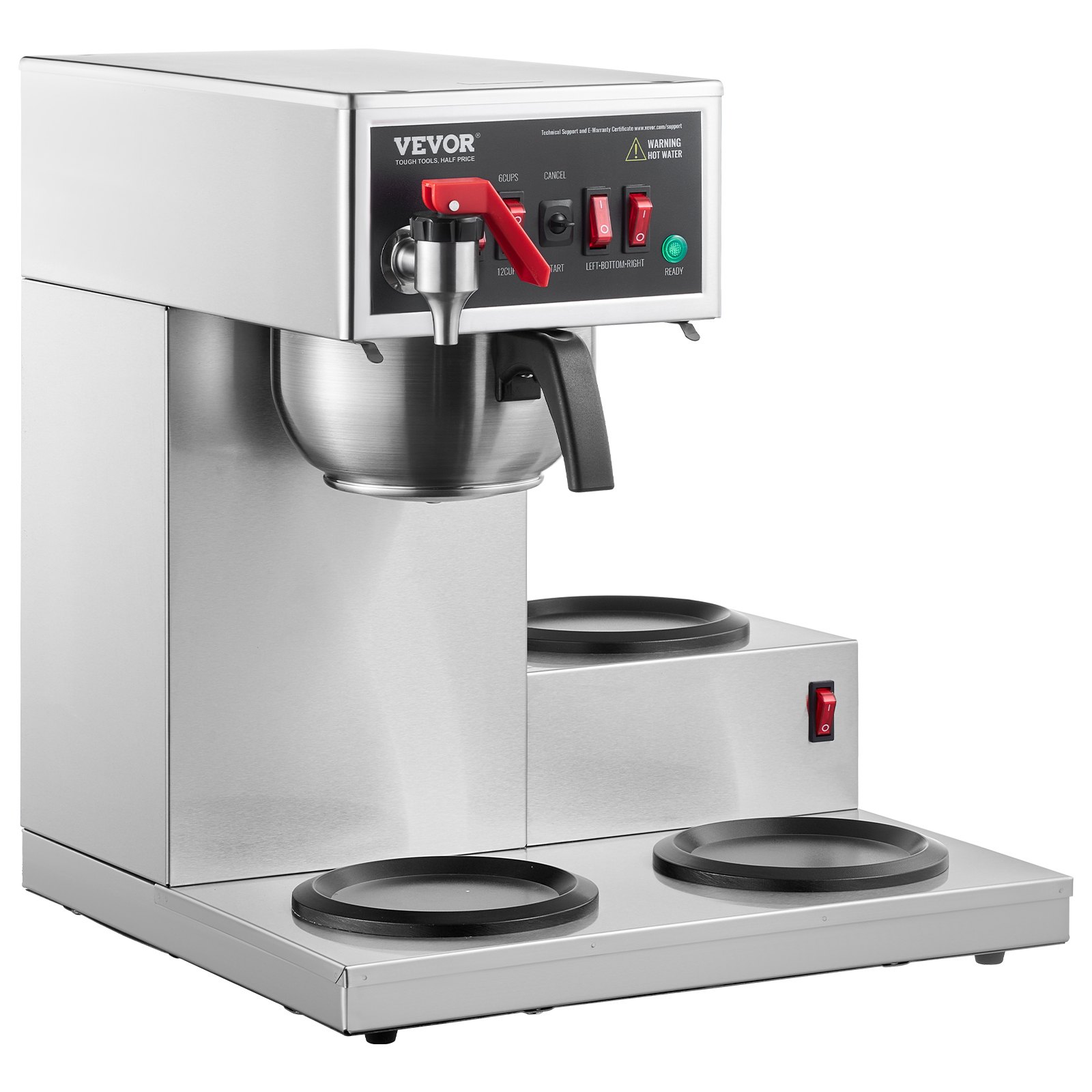 Cafetera de goteo comercial de 12 tazas con 3 jarras de vidrio y 3 calentadores para oficina