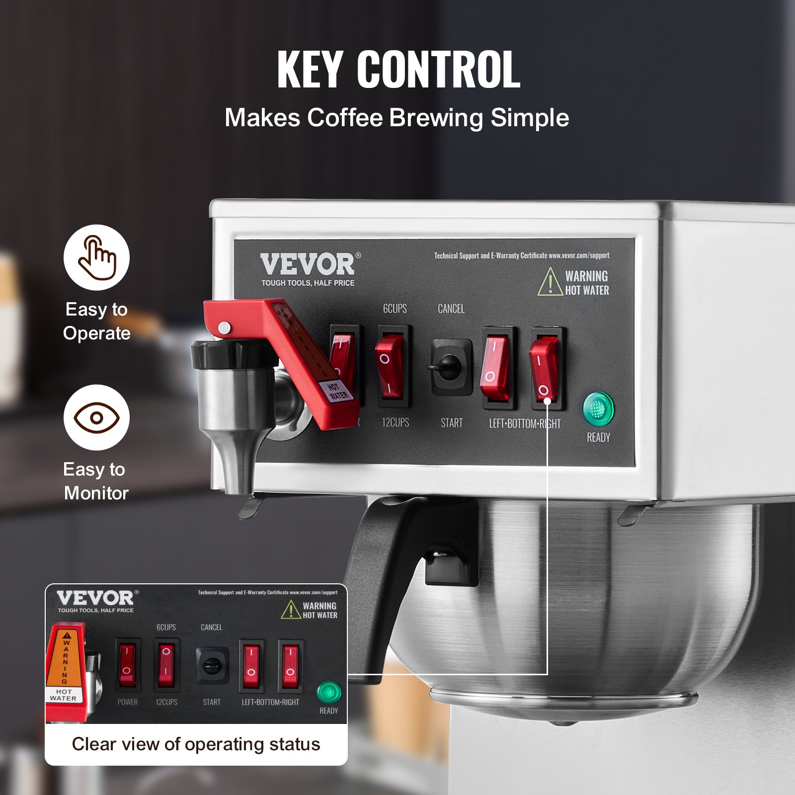 Cafetera de goteo comercial VEVOR de 12 tazas, con 3 jarras de vidrio y 3 platos calentadores, cafetera de acero inoxidable para restaurantes, oficinas y cafeterías.