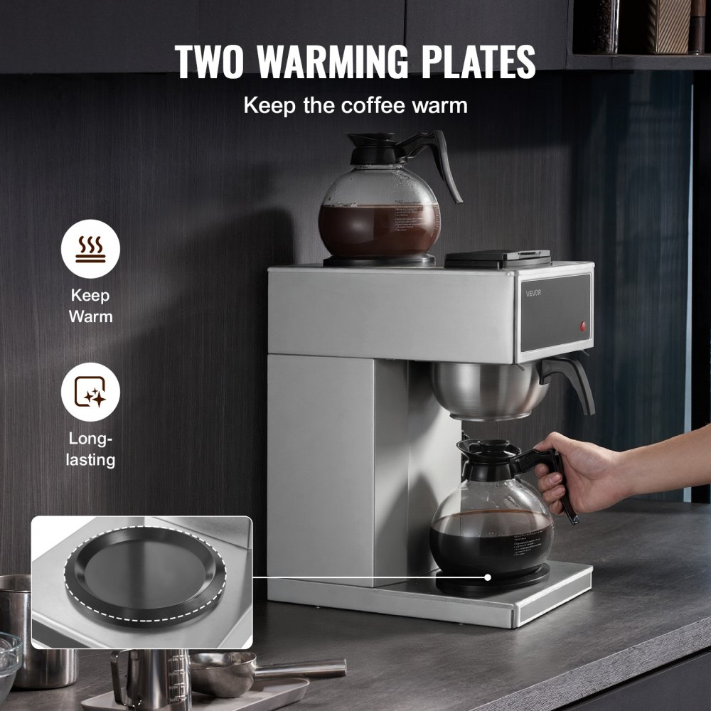 Cafetera de goteo comercial VEVOR, máquina para 12 tazas con 2 jarras de vidrio y 2 placas calentadoras, cafetera de goteo de acero inoxidable, ideal para restaurantes, oficinas, cafeterías y hogares.