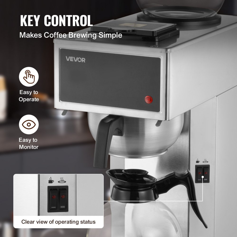 Cafetera de goteo comercial VEVOR, máquina para 12 tazas con 2 jarras de vidrio y 2 placas calentadoras, cafetera de goteo de acero inoxidable, ideal para restaurantes, oficinas, cafeterías y hogares.