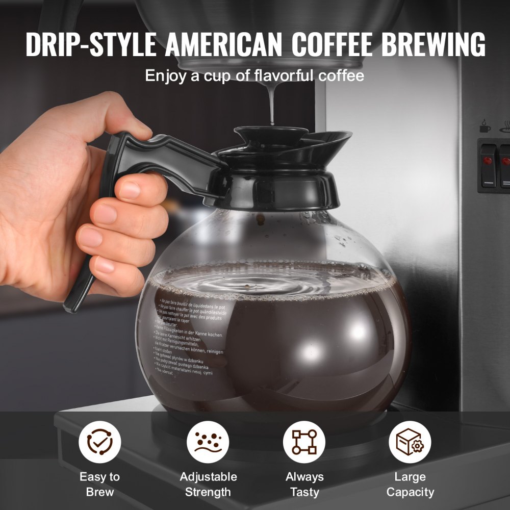 Cafetera de goteo comercial VEVOR, máquina para 12 tazas con 2 jarras de vidrio y 2 placas calentadoras, cafetera de goteo de acero inoxidable, ideal para restaurantes, oficinas, cafeterías y hogares.