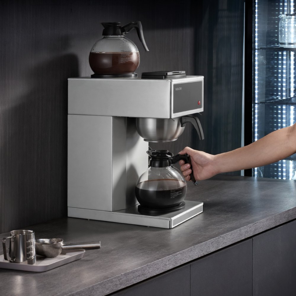 Cafetera de goteo comercial VEVOR, máquina para 12 tazas con 2 jarras de vidrio y 2 placas calentadoras, cafetera de goteo de acero inoxidable, ideal para restaurantes, oficinas, cafeterías y hogares.
