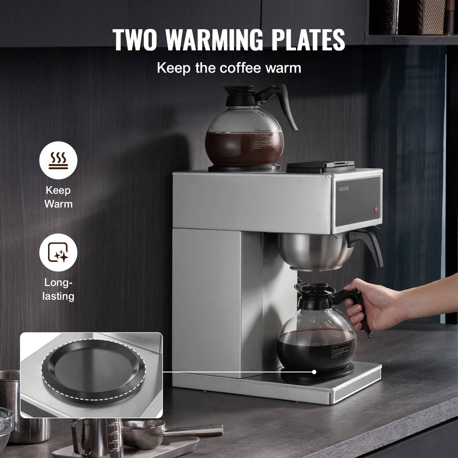 Cafetera de goteo comercial VEVOR, máquina para 12 tazas con 2 jarras de vidrio y 2 placas calentadoras, cafetera de goteo de acero inoxidable, ideal para restaurantes, oficinas, cafeterías y hogares.