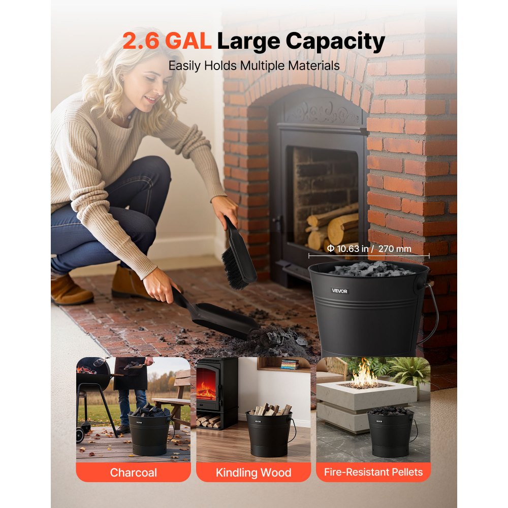 Cubo para cenizas VEVOR, juego de 4 piezas con tapa, pala, escoba y guantes. Cubo metálico para carbón y cenicero de chimenea, gran capacidad de 2,6 galones (9,8 litros) para chimeneas, fogatas, estufas de leña, uso interior y exterior.