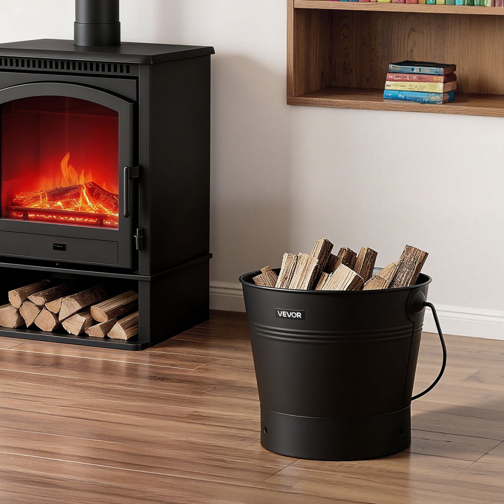 Cubo para cenizas VEVOR, juego de 4 piezas con tapa, pala, escoba y guantes. Cubo metálico para carbón y cenicero de chimenea, gran capacidad de 2,6 galones (9,8 litros) para chimeneas, fogatas, estufas de leña, uso interior y exterior.