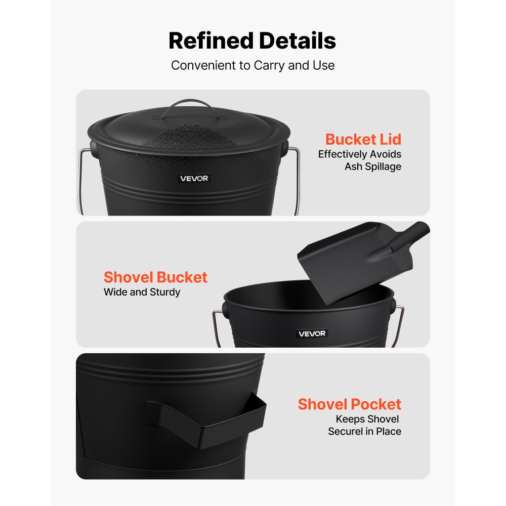 VEVOR Ash Bucket, 4 PCS with Lid, Shovel, Broom and Gloves, Metal Fireplace Charcoal Bucket and Ash Can, 2.6 GAL Large Capacity for Fireplace, Fire Pits, Wood Burning Stoves, Indoor and Outdoor
