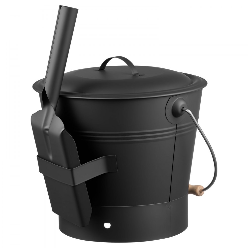 VEVOR Ash Bucket, 4 PCS with Lid, Shovel, Broom and Gloves, Metal Fireplace Charcoal Bucket and Ash Can, 2.6 GAL Large Capacity for Fireplace, Fire Pits, Wood Burning Stoves, Indoor and Outdoor